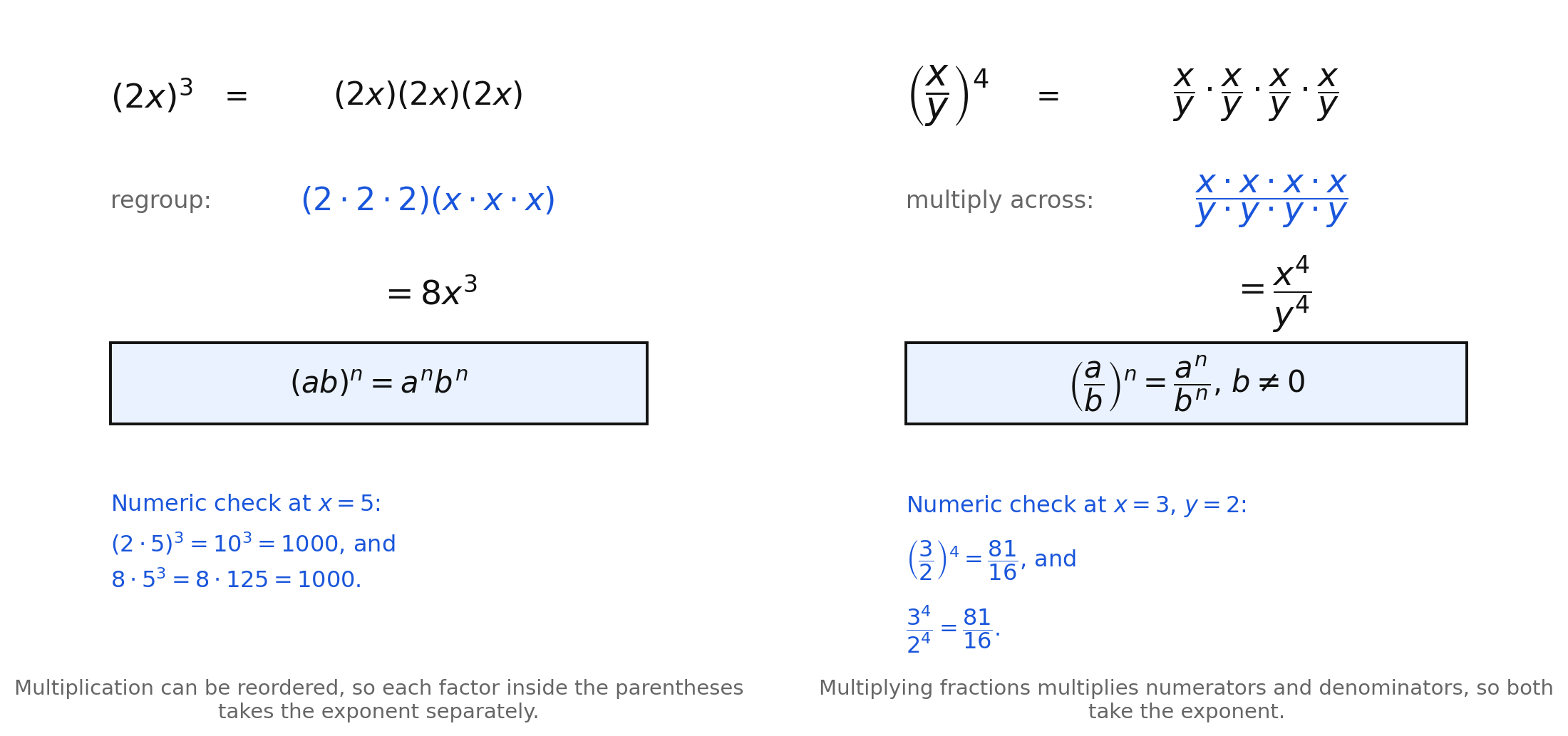 Two panels. The left panel expands two x, all cubed, as three copies of the quantity two x, regroups them as three twos times three xs, gives eight x cubed, states that a b to the n equals a to the n times b to the n, and checks the result at x equals five. The right panel expands x over y, all to the fourth, as four copies of the fraction, multiplies across to get x to the fourth over y to the fourth, states the law with b nonzero, and checks it at x equals three and y equals two