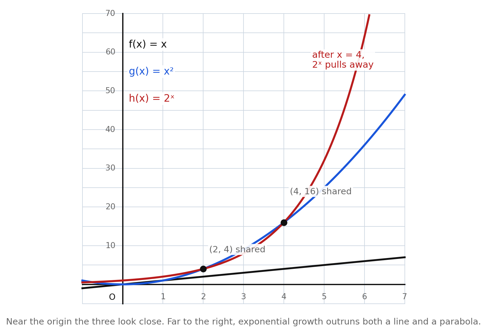 A tall window showing y = x, y = x squared, and y = 2 to the x through x = 7, with shared points (2, 4) and (4, 16) marked and a note that after x = 4 the exponential pulls away