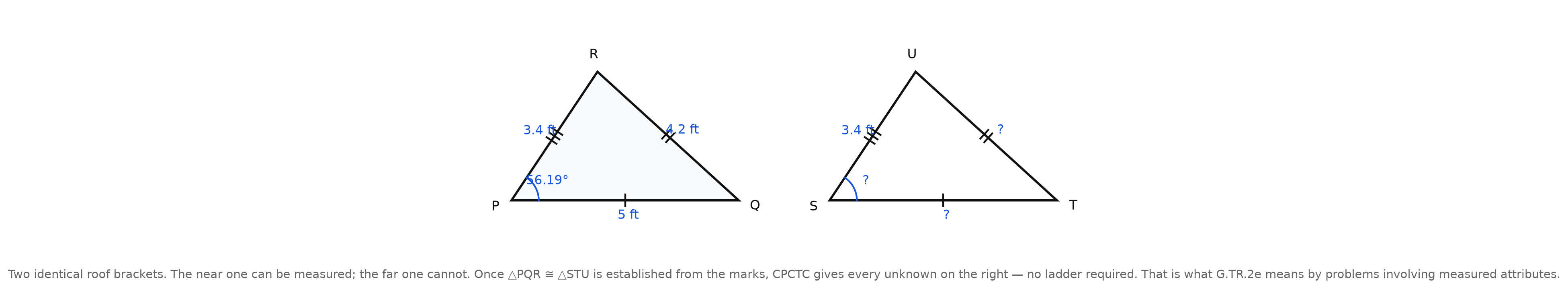 Two congruent triangular brackets side by side, the left labeled with 5.0 ft, 4.2 ft, 3.4 ft and an angle measure, the right with matching tick marks and question marks for the unknown side and angle