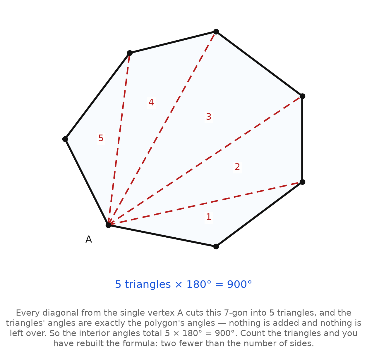 A convex heptagon with every diagonal drawn from one vertex, splitting it into five numbered triangles