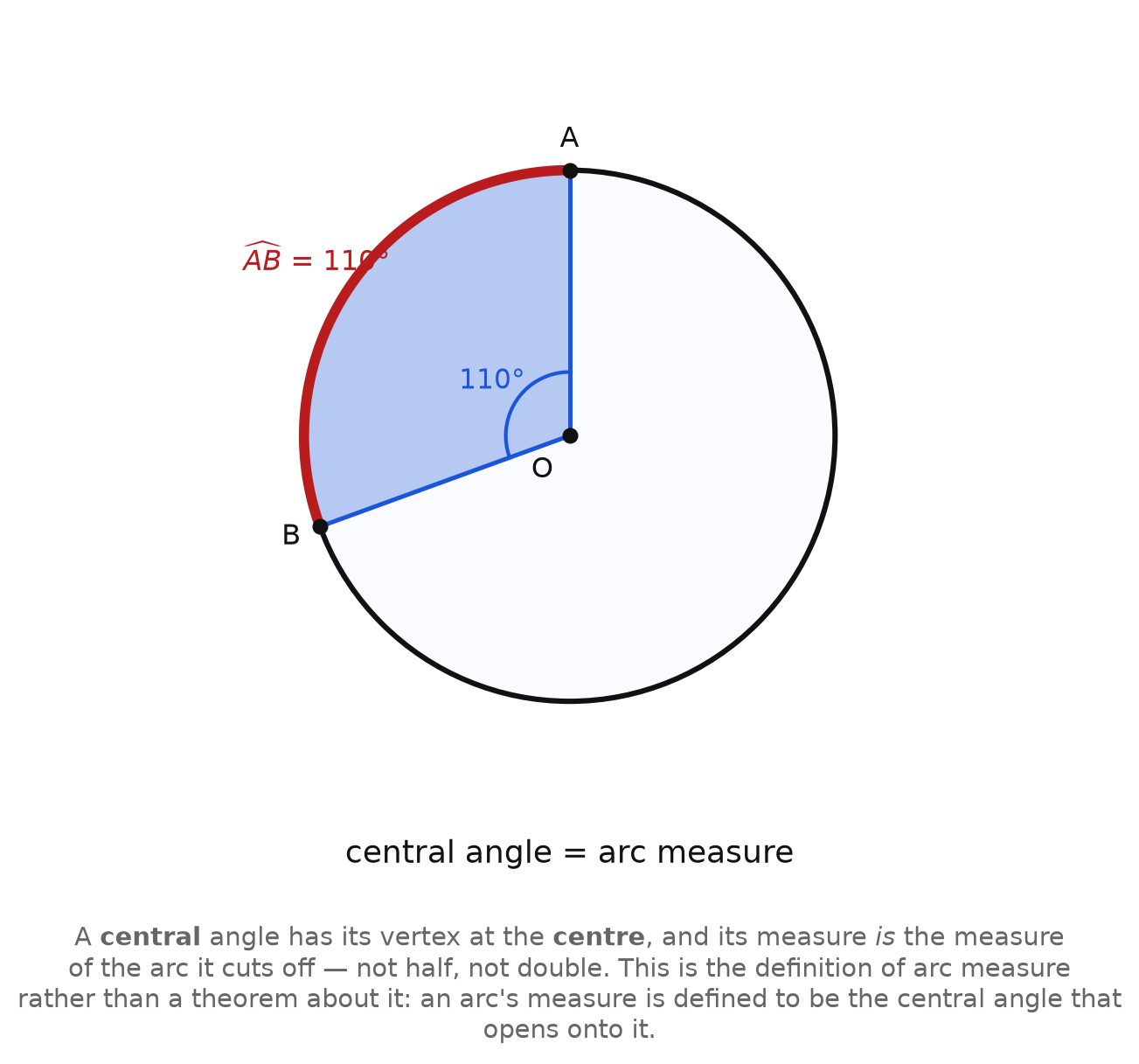 A circle with a 110 degree central angle and its arc both labelled