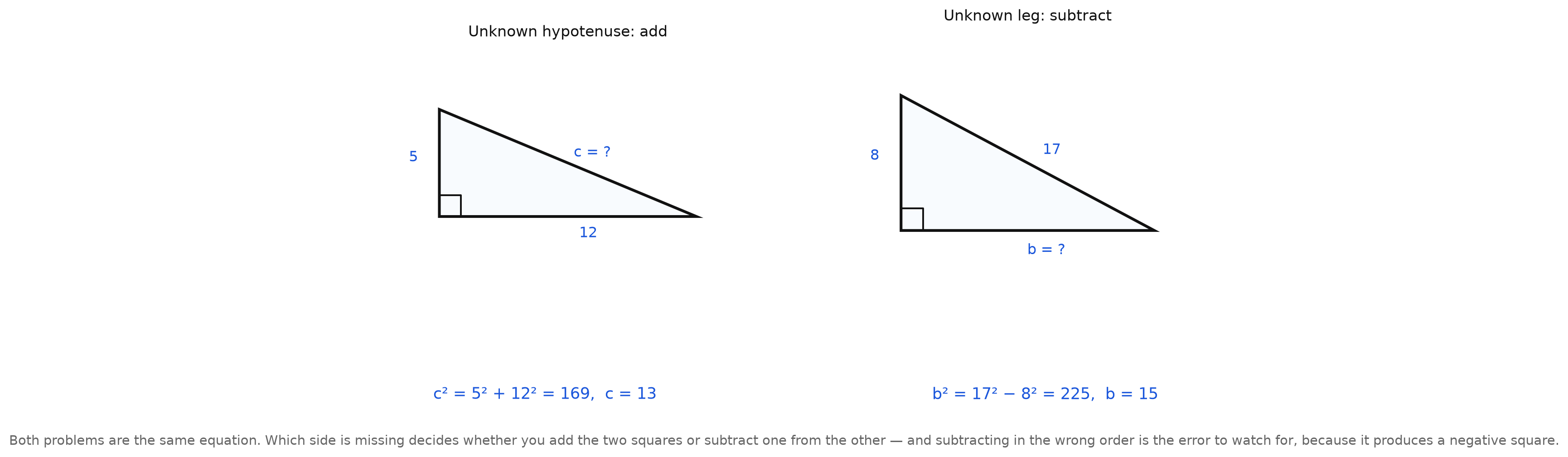 Two right triangles side by side: one with both legs given and the hypotenuse unknown, one with the hypotenuse and a leg given
