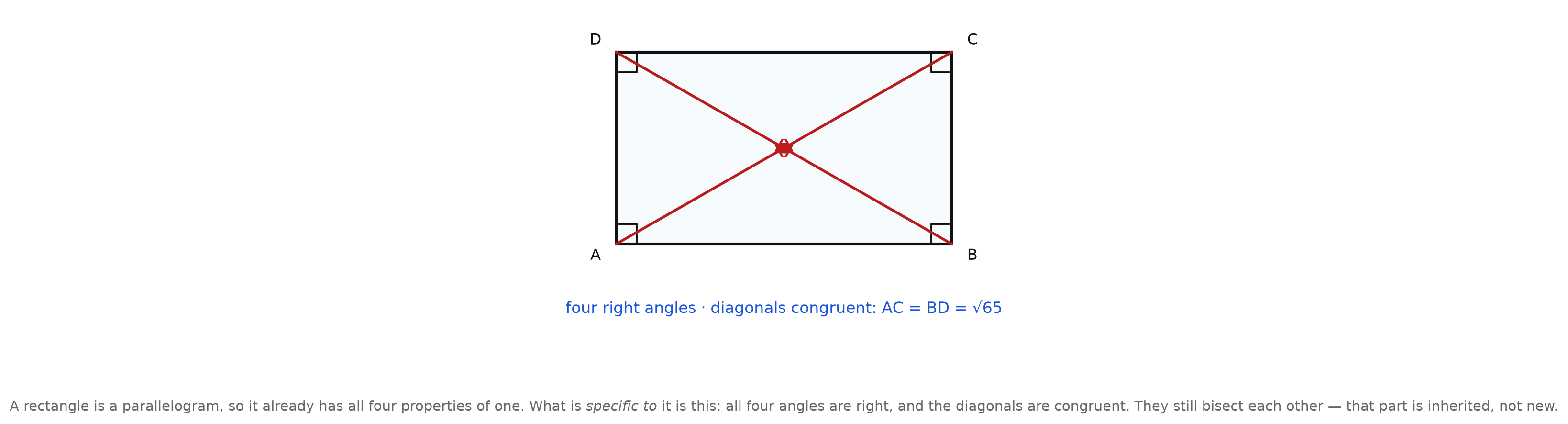 A rectangle with all four right angles marked and both diagonals drawn and tick-marked as congruent