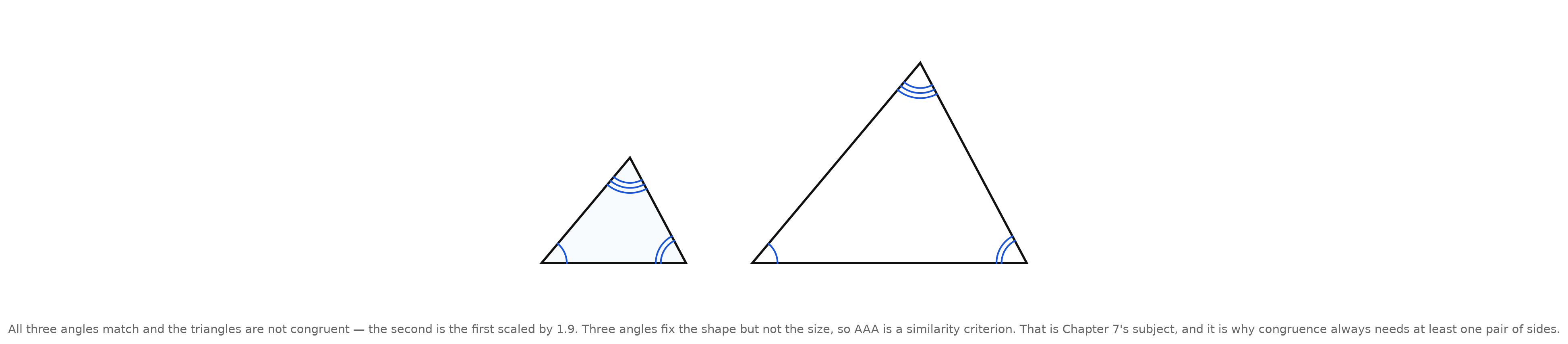 Two triangles with all three pairs of angles arc-marked, one visibly larger than the other