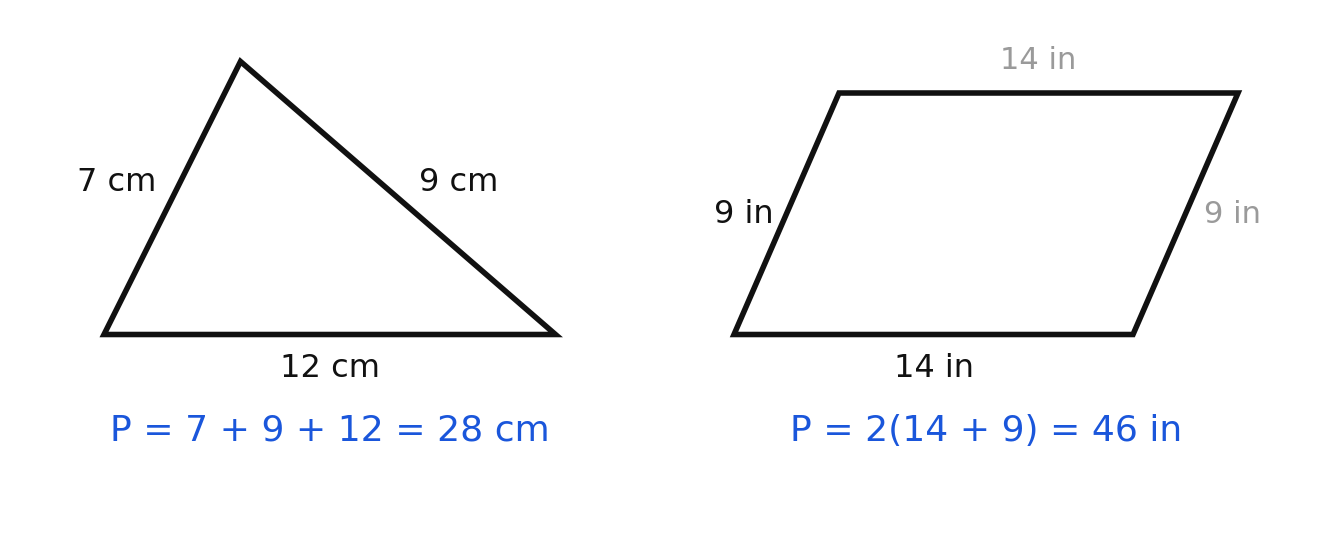 Perimeter of a triangle and of a parallelogram found by adding the side lengths