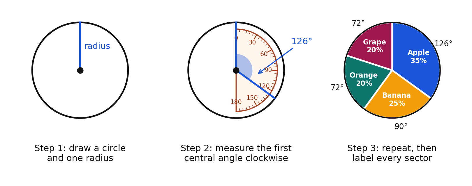 Three steps for building a circle graph with a protractor