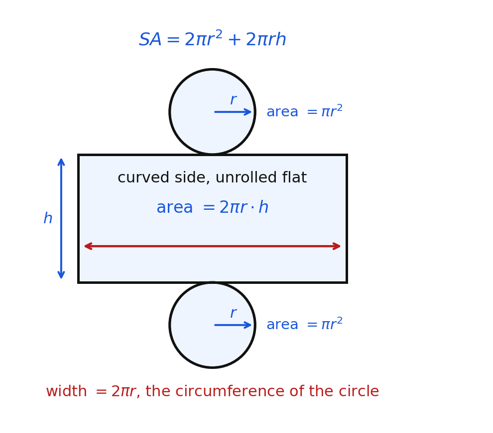 The net of a cylinder: two circles and a rectangle whose width is 2 pi r