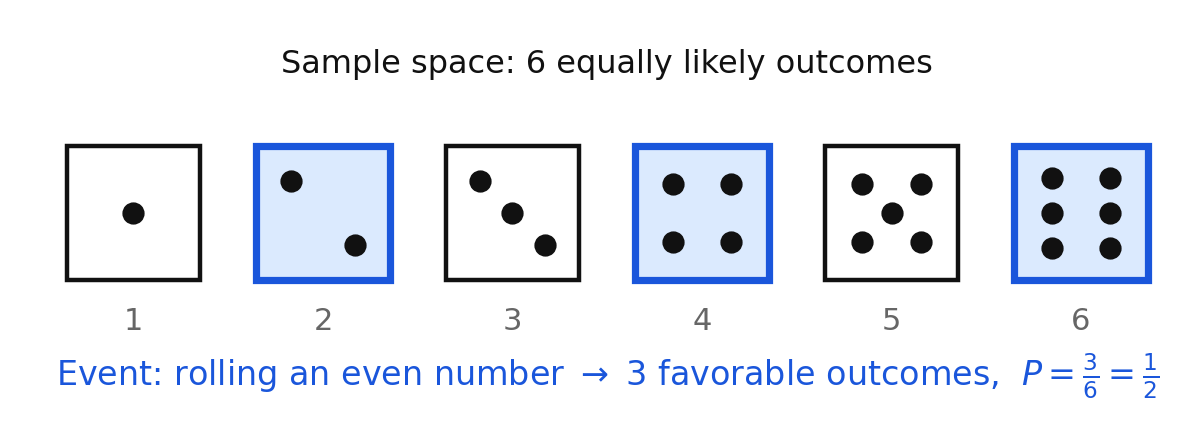 The six faces of a standard die, with the three even faces highlighted as one event