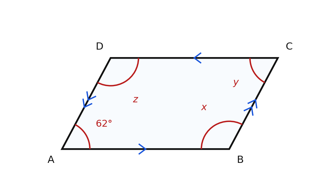Parallelogram ABCD with arrowheads marking both pairs of parallel sides, the angle at A labeled 62 degrees, and the angles at B, C, and D labeled x, y, and z