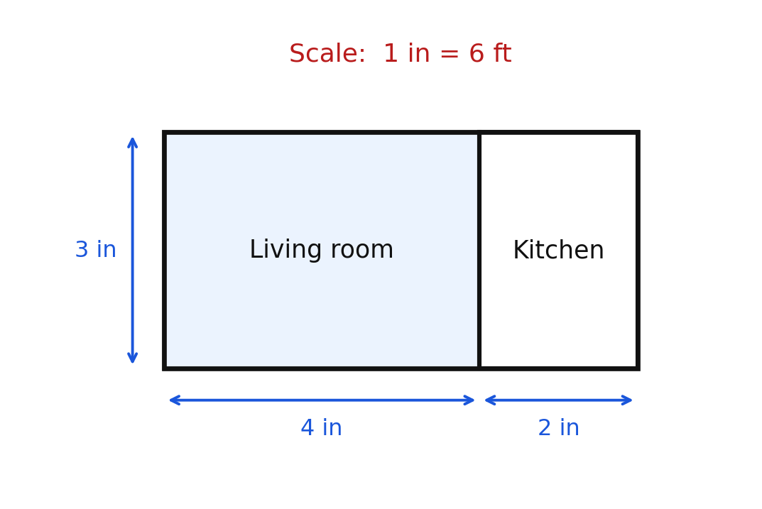 A two-room floor plan, four inches by three inches for the living room and two inches by three inches for the kitchen, at a scale of one inch equals six feet