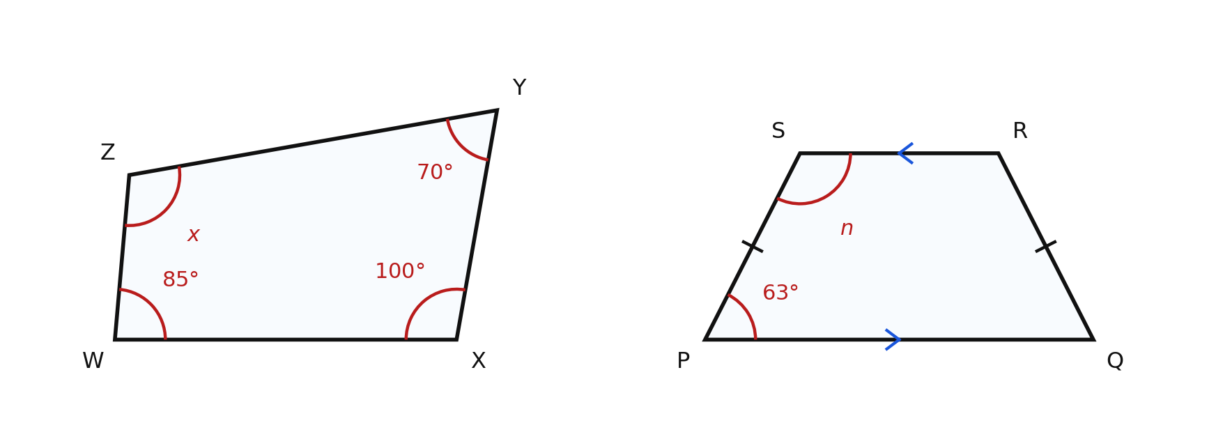 On the left, quadrilateral WXYZ with angles 85 degrees, 100 degrees, 70 degrees, and x. On the right, isosceles trapezoid PQRS with congruent legs marked, parallel bases marked with arrowheads, angle P labeled 63 degrees, and angle S labeled n
