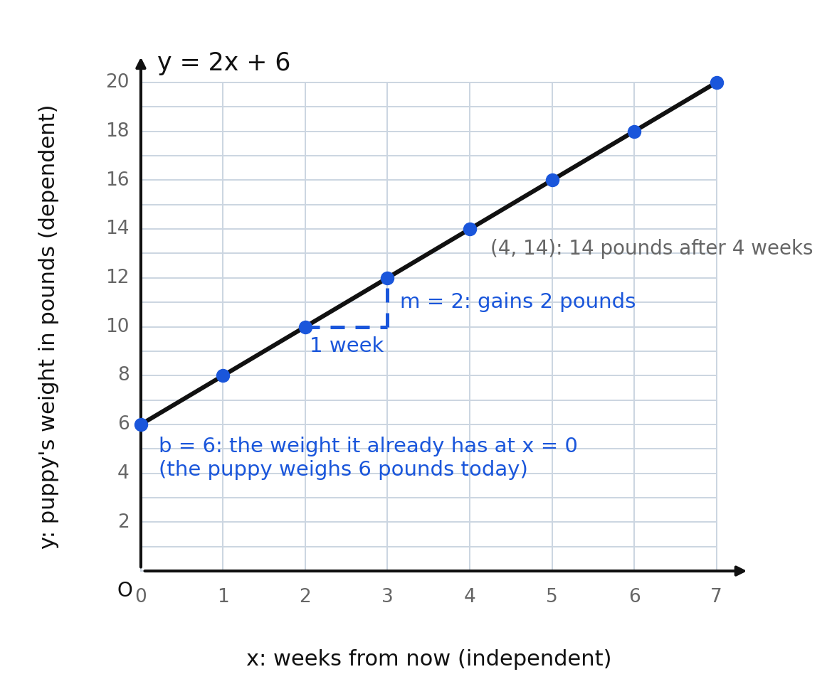 The graph of y equals 2x plus 6 annotated with what b and m mean in a story