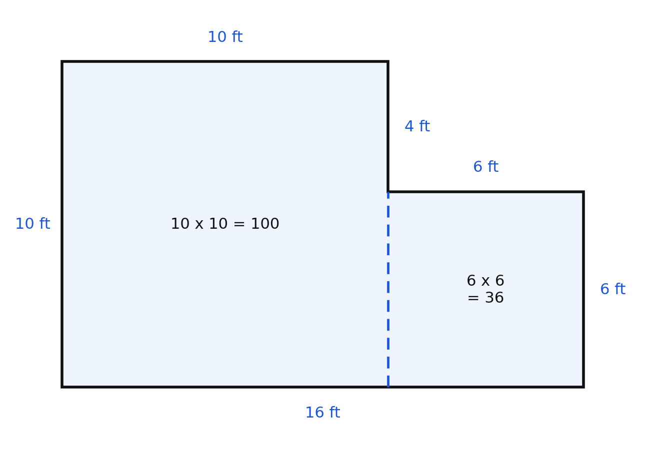 A patio 16 ft by 10 ft with a 6 ft by 4 ft corner missing