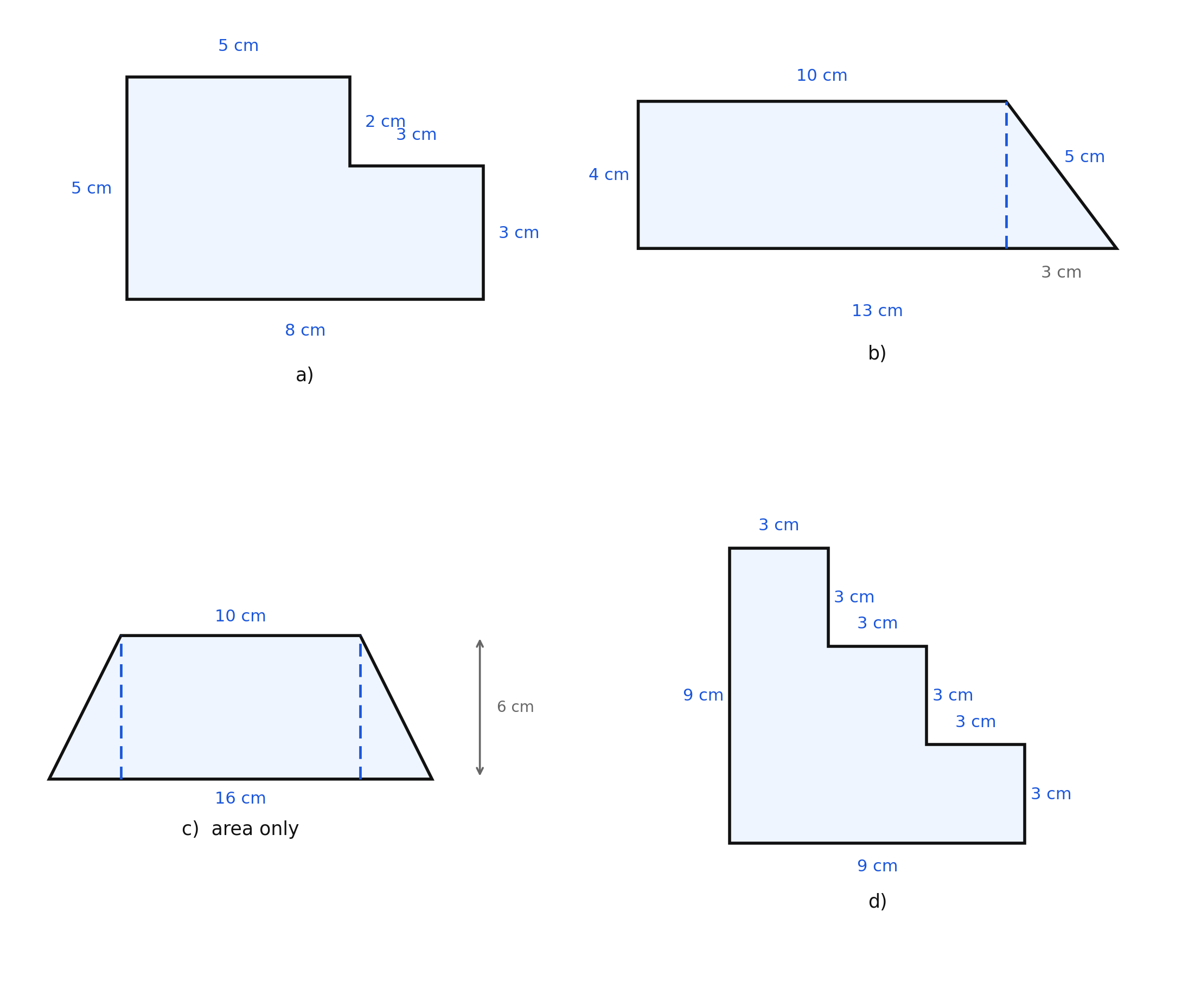 Four composite figures for practice: an L-shape, a rectangle with a triangle, a trapezoid, and a staircase