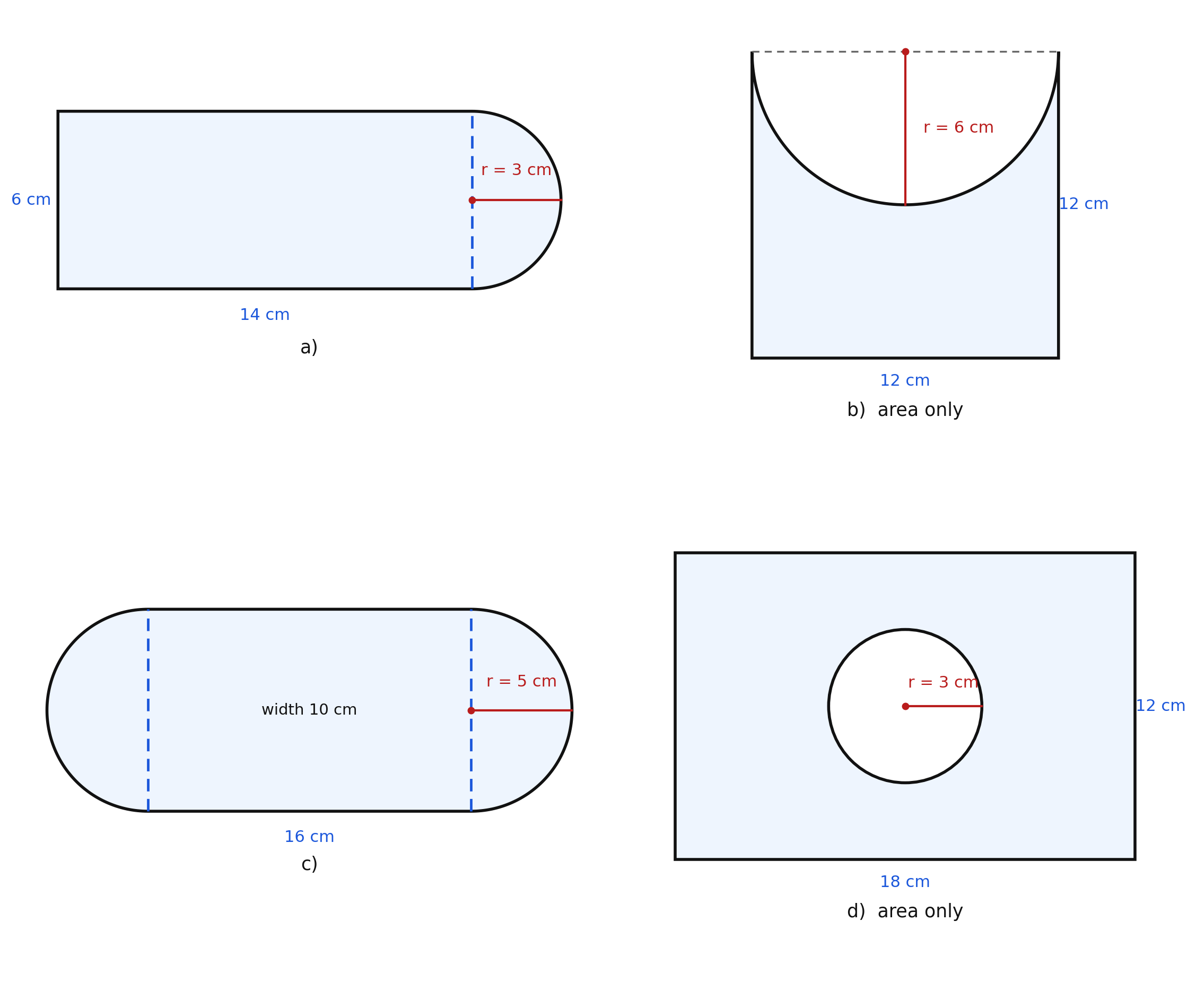 Four composite figures with circles and semicircles