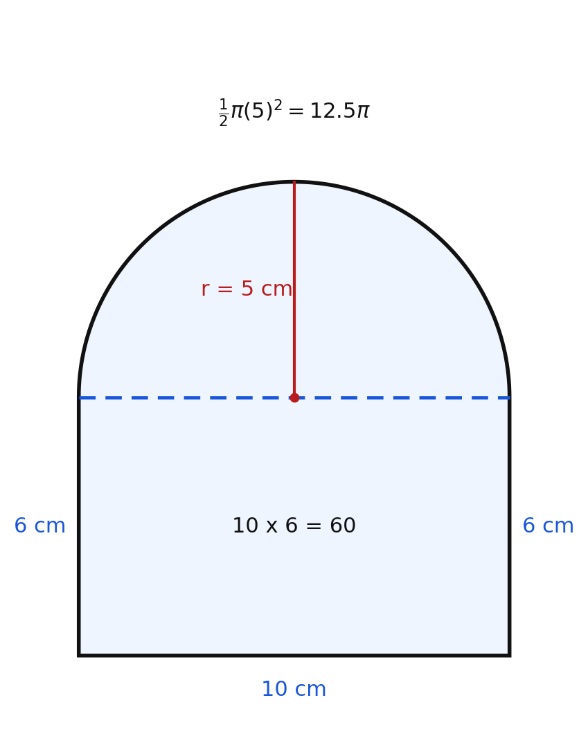 A rectangle 10 by 6 with a semicircle of radius 5 on top