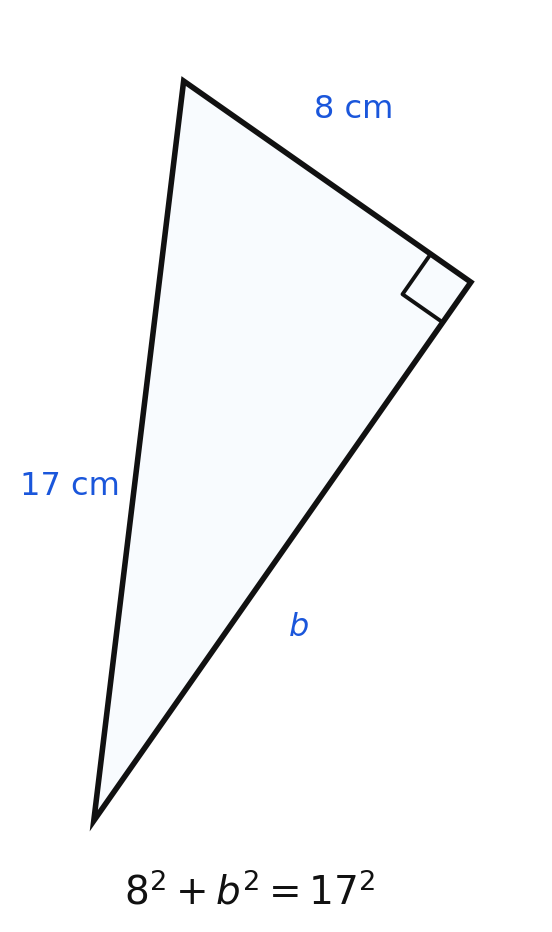 A tilted right triangle with a leg of 8 cm, an unknown leg b, and a hypotenuse of 17 cm