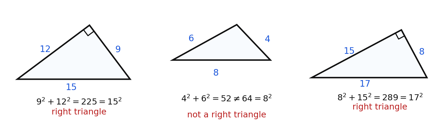 Three triangles drawn from their side lengths, with the Pythagorean test computed for each